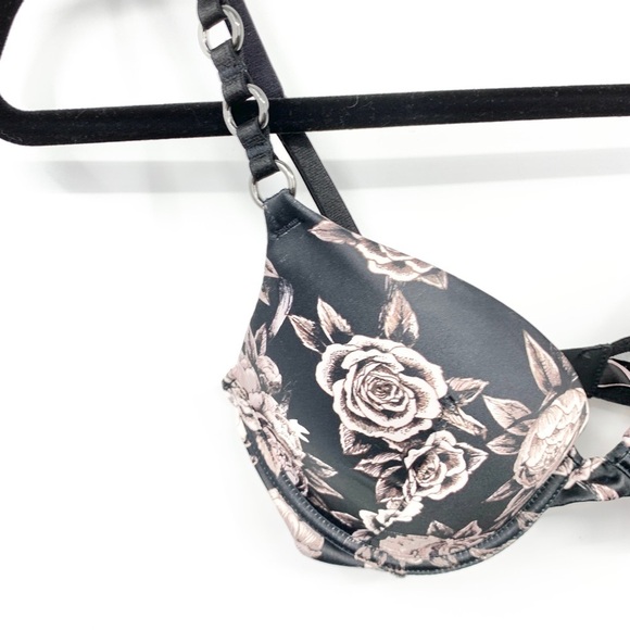 Victoria's Secret Size 32C Bra Very Sexy Push Up Black White Satin Floral Wire - Picture 4 of 9